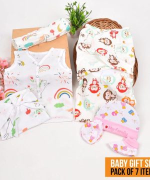 New Born Organic Cotton Velcro Swaddle Wrap Gift Set of 7 Items