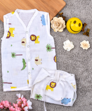 Baby Unisex Organic Cotton Muslin Jhabla and Nappy Set | Pack of 1