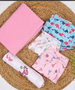 Baby Unisex Nappy Combo 1 Dry sheet, 1 Padded Underwear, 1 Muslin Nappy, 1 Cushioned Nappy, 1 Muslin Swaddle | 0- 12 Months | Multicolor