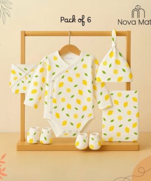 Organic Cotton Baby Essentials Gift Set | Baby Shower Gift Hamper | Baby Clothing Gift Combo | Lemon | Pack of 6