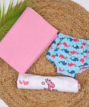 Baby Unisex Nappy Combo 1 Dry Sheet, 1 Swaddle, 1 Padded Underwear | 0- 12 Months | Multicolor