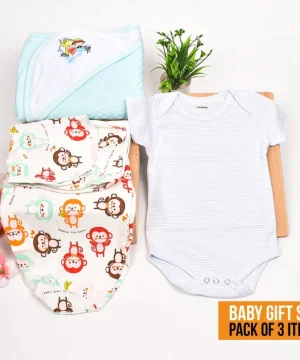New Born Organic Cotton Velcro Swaddle Wrap Gift Set of 3 Items