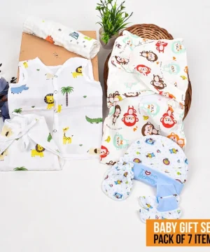 New Born Organic Cotton Velcro Swaddle Wrap Gift Set of 7 Items