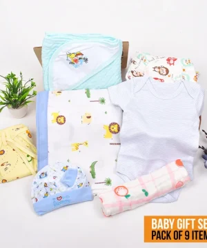 New Born Organic Cotton Velcro Swaddle Wrap Gift Set of 9 Items