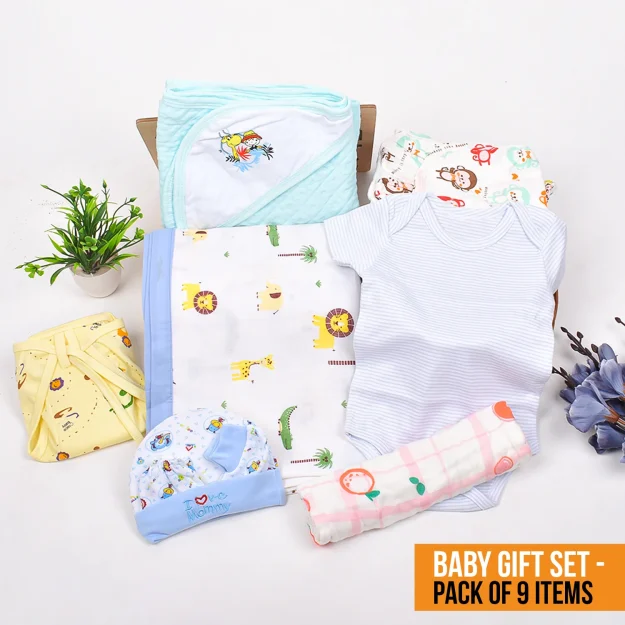 New Born Organic Cotton Velcro Swaddle Wrap Gift Set of 9 Items