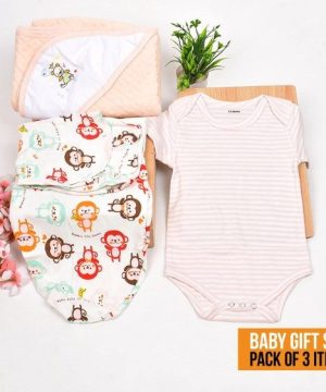 New Born Organic Cotton Velcro Swaddle Wrap Gift Set of 3 Items