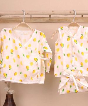 Baby Organic Cotton Muslin Front Open Kimono, Jhabla & Nappy | Lemon | Pack of 3