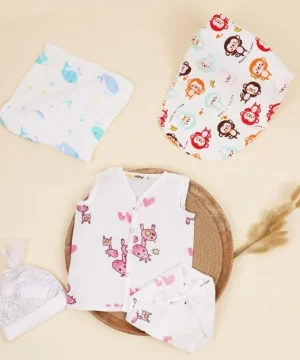 New Born Organic Cotton Velcro Swaddle Wrap Gift Set of 7 Items